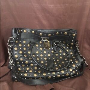 Michael Kors Black Studded Leather Satchel w/ MK Lock – Authentic